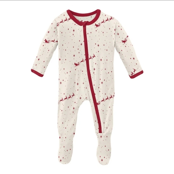 KicKee Pants Santa Sleigh Footed Bamboo Zip Up Pajamas Size 0-3 Months - Picture 1 of 6